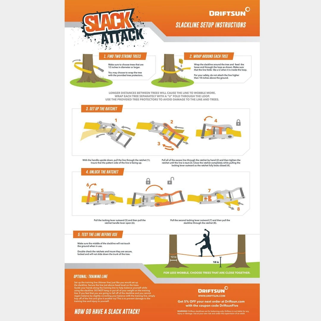 SPORTING GOODS Driftsun 50ft Complete Slackline Kit With Ratchet, Training Line & Bag 4 SPORTING GOODS Driftsun 50ft Complete Slackline Kit With Ratchet, Training Line & Bag