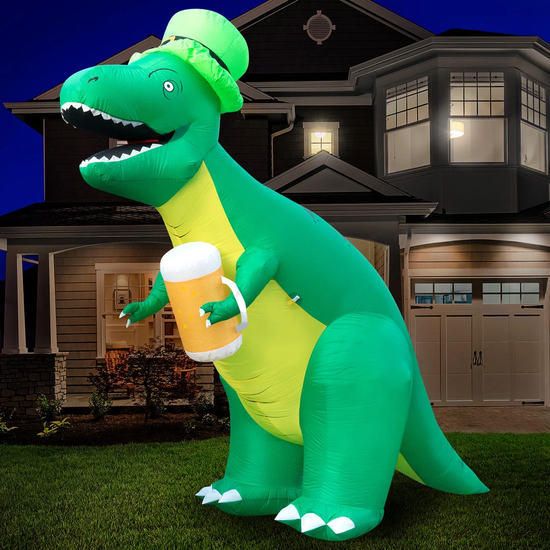 Holidayana Holiday Decorations 8ft Tall Saint Patrick's Day Leprechaun T-Rex Lawn Inflatable, Bright Lights, Built-in Fan, And Included Stakes And Ropes