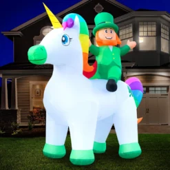 Holidayana 9ft Tall Saint Patrick's Day Leprechaun Riding Unicorn Lawn Inflatable, Bright Lights, Built-in Fan, And Included Stakes And Ropes Holiday Decorations