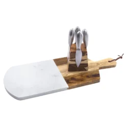Zelancio Marble And Acacia Wooden Serving Cheese Board, 6 Piece Charcuterie Set Includes Stainless Steel Cheese Tools, Serving Paddle, Wood Cheese Knife Holder With Integrated Magnets