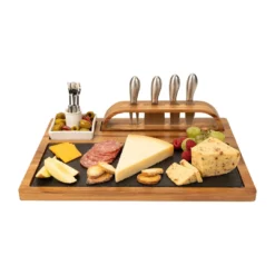 Zelancio Slate Cheese Board, 12 Piece Charcuterie Set Includes 4 Stainless Steel Cheese Knives, Bigger Acacia Serving Tray With Slate Board, And Wood Tool Holder