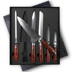 Zelancio Kitchen 6 Piece Hammered Damascus Steel Knife Set With 16-Layer Steel Blade And Teak Handle