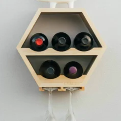 Atterstone HOME GOODS Honeycomb Wine Rack With Hanging Stemware Slots: Holds 5 Bottles And 4 Glasses