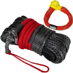 Rakapak UHMWPE 100ft Synthetic 3/8 In Winch Line 22,000 LBS Breaking Strength With Soft Shackle Rope, Abrasion Sleeve